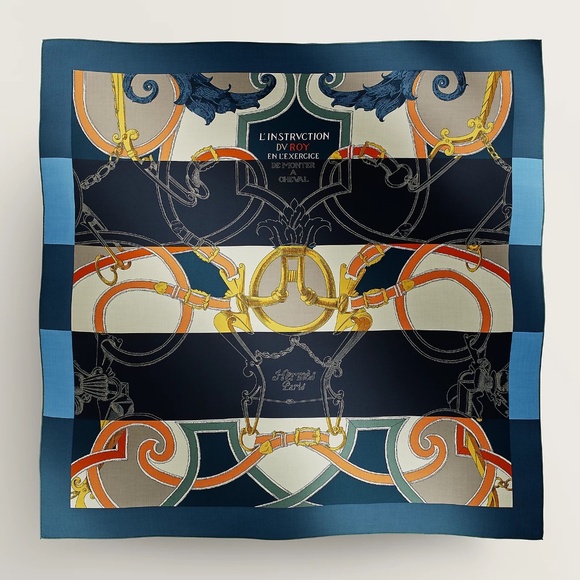Hermès L'Instruction du Roy Bayadere shawl 140 Silk Cashmere bleu ardoise/marine - Picture 1 of 16